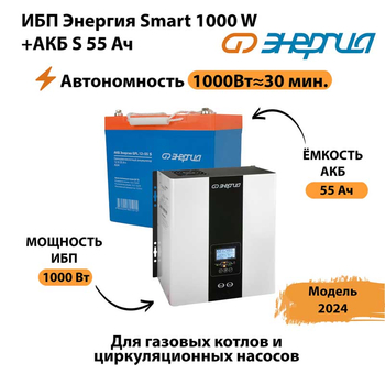 ИБП Энергия Smart 1000W + АКБ S 55 Ач (1000Вт - 30мин) - ИБП и АКБ - Инверторы 12-220В - . Магазин оборудования для автономного и резервного электропитания Ekosolar.ru в Можайске