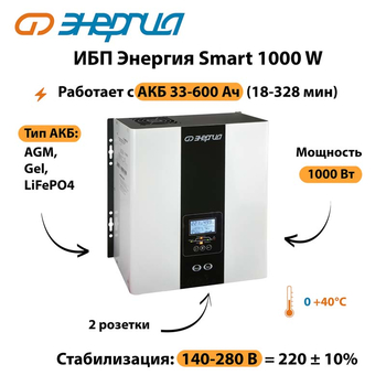 ИБП Энергия Smart 1000W - ИБП и АКБ - Энергия ИБП Smart - . Магазин оборудования для автономного и резервного электропитания Ekosolar.ru в Можайске