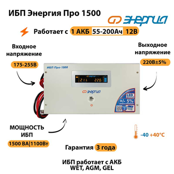 Энергия ИБП Про 1500 12В - ИБП и АКБ - ИБП для котлов - . Магазин оборудования для автономного и резервного электропитания Ekosolar.ru в Можайске