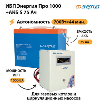 ИБП Энергия Про 1000 + Аккумулятор S 75 Ач (700Вт - 44мин) - ИБП и АКБ - ИБП для котлов - . Магазин оборудования для автономного и резервного электропитания Ekosolar.ru в Можайске