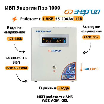 Энергия ИБП Про 1000 12В - ИБП и АКБ - ИБП для котлов - . Магазин оборудования для автономного и резервного электропитания Ekosolar.ru в Можайске