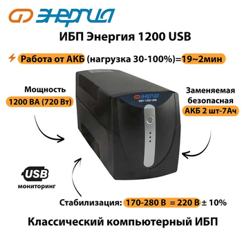 Энергия ИБП 1200 USB - ИБП и АКБ - ИБП для компьютера - . Магазин оборудования для автономного и резервного электропитания Ekosolar.ru в Можайске