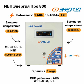 Энергия ИБП Про 800 12В - ИБП и АКБ - ИБП для котлов - . Магазин оборудования для автономного и резервного электропитания Ekosolar.ru в Можайске