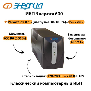 Энергия ИБП 600 - ИБП и АКБ - ИБП для компьютера - . Магазин оборудования для автономного и резервного электропитания Ekosolar.ru в Можайске