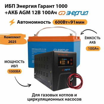 ИБП для котла Энергия Гарант 1000 + Аккумулятор 100 Ач 12 В (600Вт - 91мин) - ИБП и АКБ - ИБП для котлов - . Магазин оборудования для автономного и резервного электропитания Ekosolar.ru в Можайске