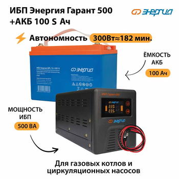 ИБП Энергия Гарант 500 + Аккумулятор S 100 Ач - 12В (300Вт - 182мин) - ИБП и АКБ - ИБП для котлов - . Магазин оборудования для автономного и резервного электропитания Ekosolar.ru в Можайске