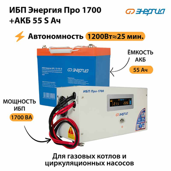 ИБП Энергия Про 1700 + Аккумулятор S 55 Ач - 12В (1200Вт - 25мин) - ИБП и АКБ - ИБП для котлов - . Магазин оборудования для автономного и резервного электропитания Ekosolar.ru в Можайске