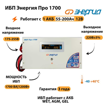 Энергия ИБП Про 1700 12В - ИБП и АКБ - ИБП для котлов - . Магазин оборудования для автономного и резервного электропитания Ekosolar.ru в Можайске