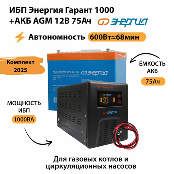 ИБП для котла Энергия Гарант 1000 + Аккумулятор 75 Ач 12 В (600Вт - 68мин) - ИБП и АКБ - ИБП для котлов - . Магазин оборудования для автономного и резервного электропитания Ekosolar.ru в Можайске