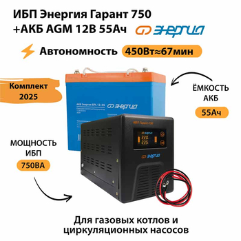 ИБП для котла Энергия Гарант 750 + Аккумулятор 55 Ач 12 В (450Вт - 67мин) - ИБП и АКБ - ИБП для котлов - . Магазин оборудования для автономного и резервного электропитания Ekosolar.ru в Можайске