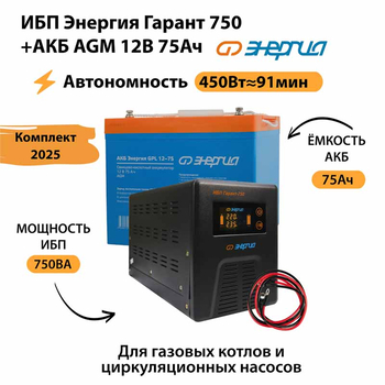 ИБП для котла Энергия Гарант 750 + Аккумулятор 75 Ач 12 В (450Вт - 91мин) - ИБП и АКБ - ИБП для котлов - . Магазин оборудования для автономного и резервного электропитания Ekosolar.ru в Можайске